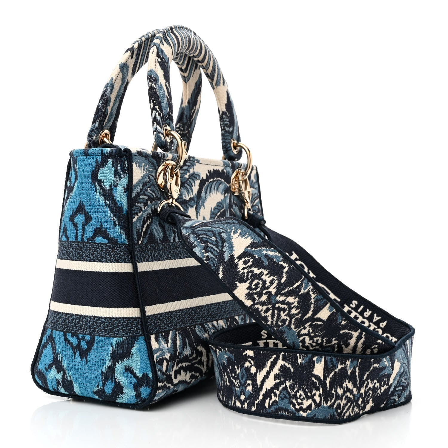 CHRISTIAN DIOR Canvas Embroidered Palm Tree Toile De Jouy Medium Lady "D-Lite Blue" - Bagistaofficial