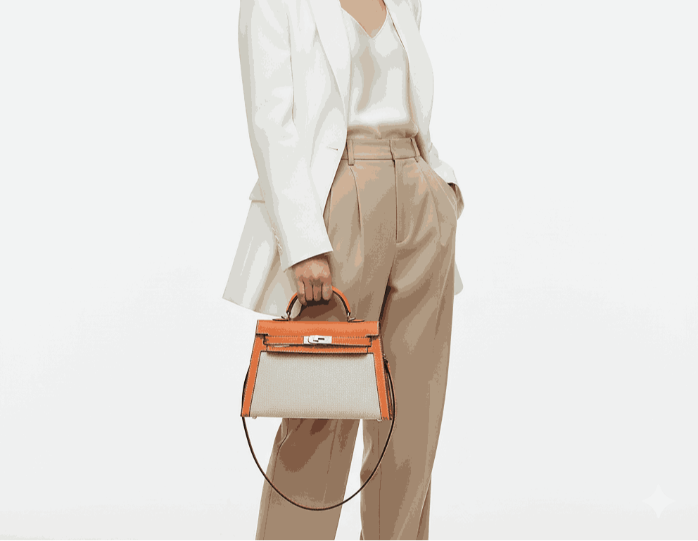 Woman in a white blazer and beige pants holding a Hermès bag on a white background