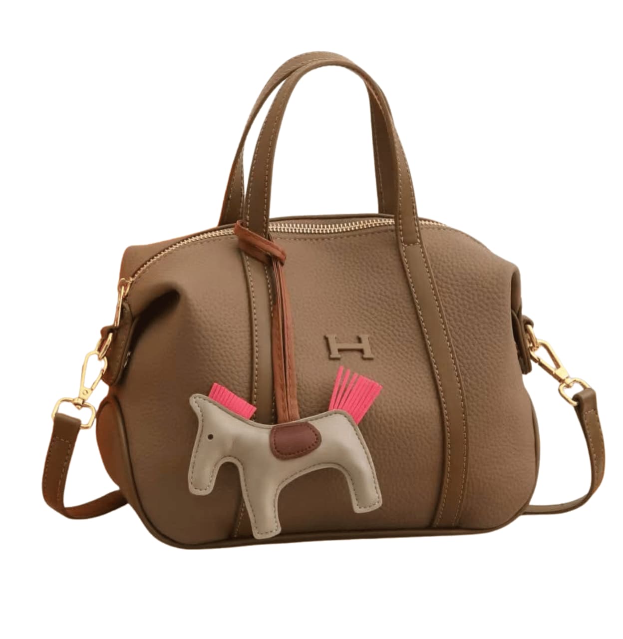 Hermes Brown Leather-look Satchel Handbag With A Horse Charm Accessory