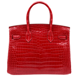 Birkin 25 Red Croc Effect Leather Handbags Metal Lock Satchel Bags - Bagistaofficial