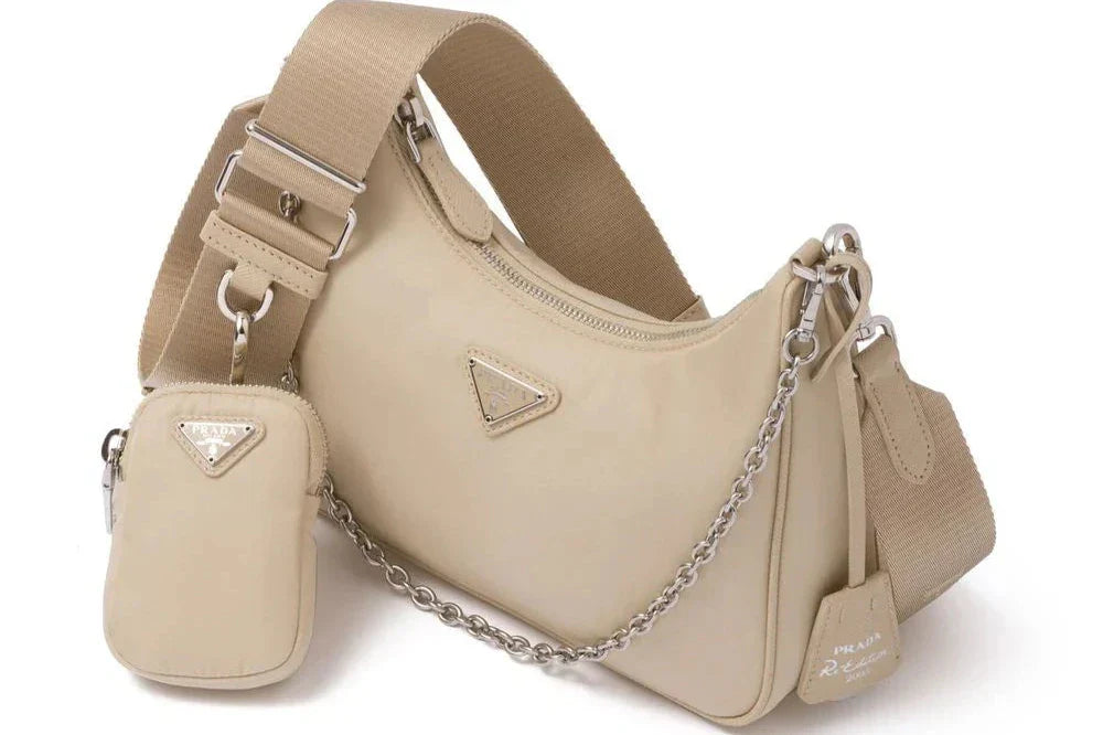 PRADA Nylon and Saffiano Leather Re-Edition 2005 Shoulder Bag "Beige" - Bagistaofficial