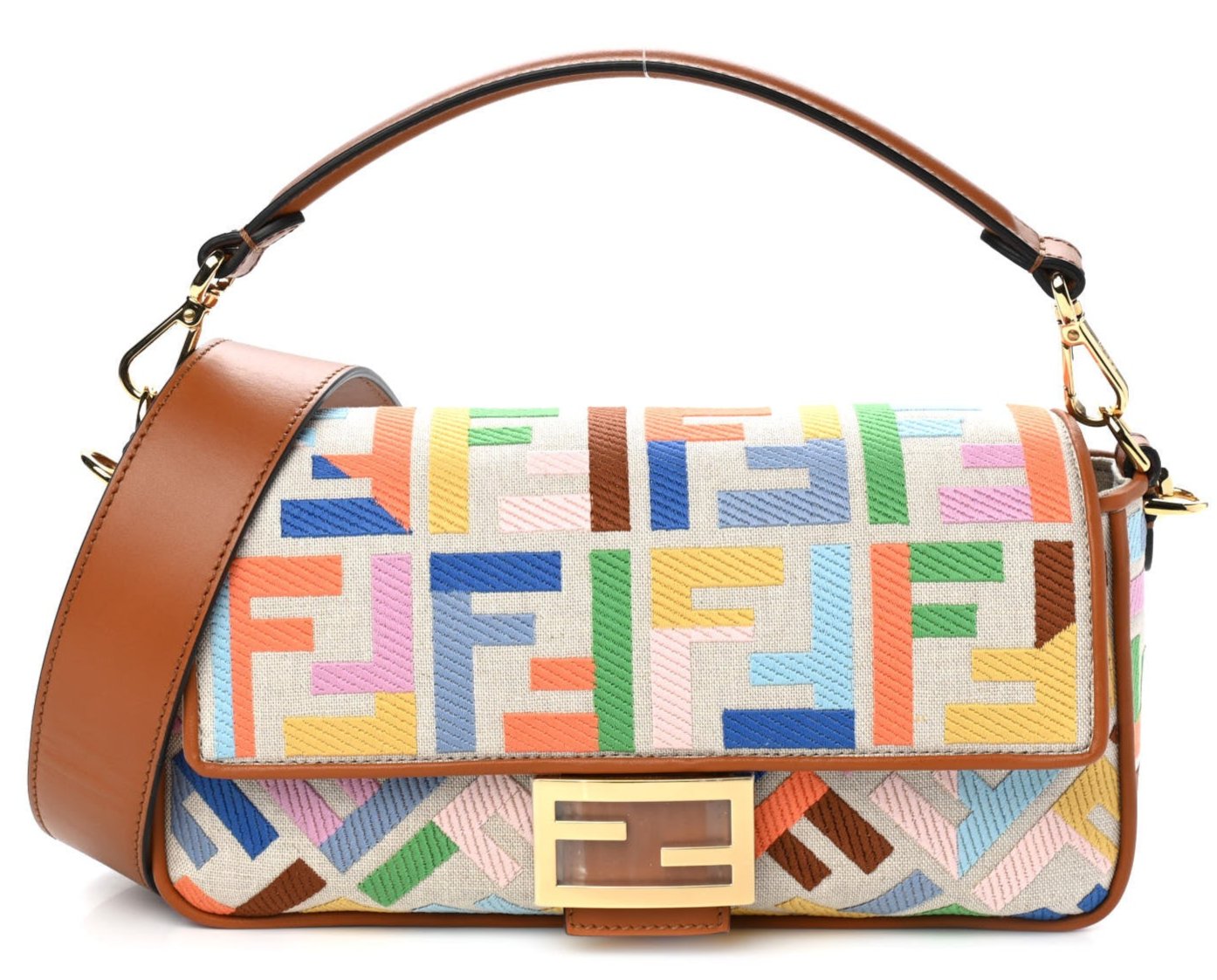 FENDI  Kuban Canvas Vitello King FF Embroidered Baguette Grezzo Multicolor - Bagistaofficial