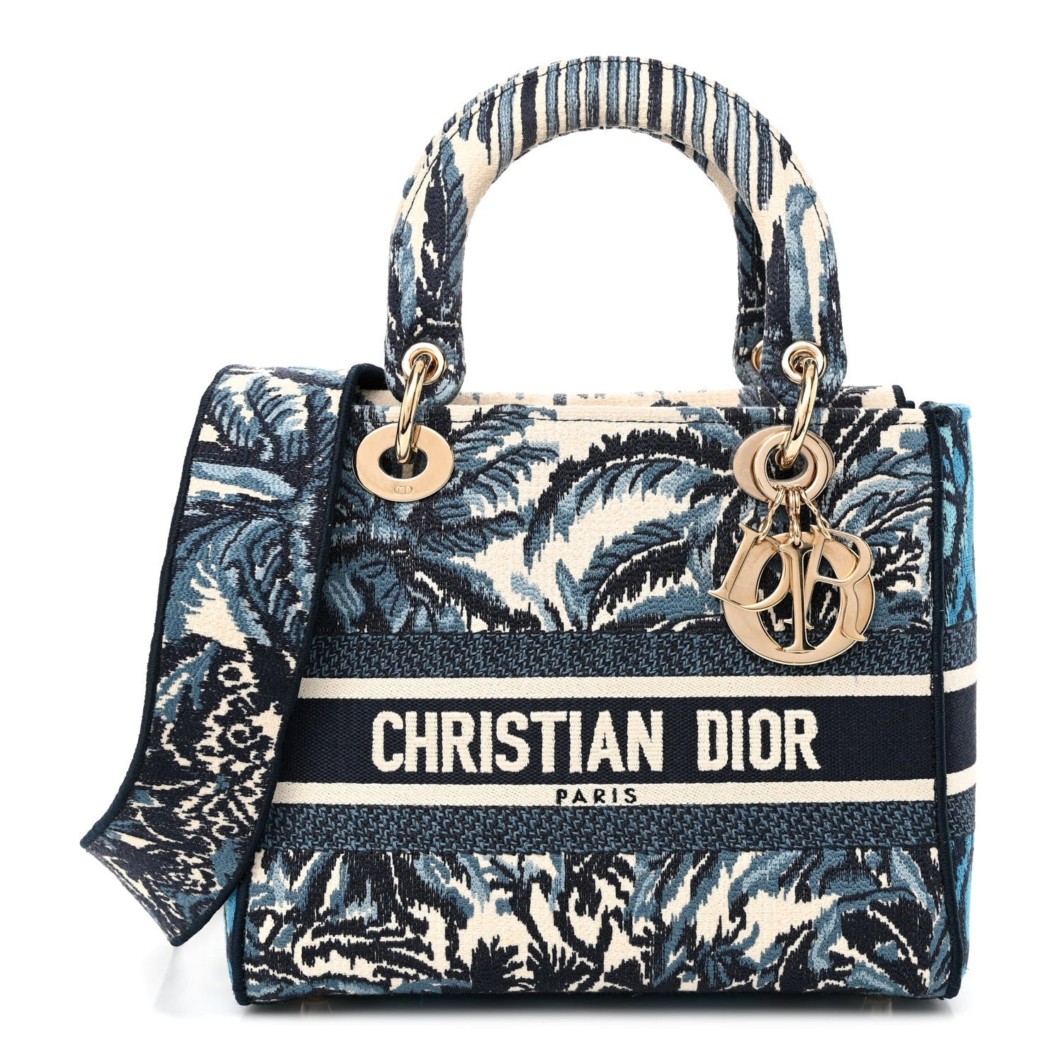 CHRISTIAN DIOR  Canvas Embroidered Palm Tree Toile De Jouy Medium Lady "D-Lite Blue" - Bagistaofficial