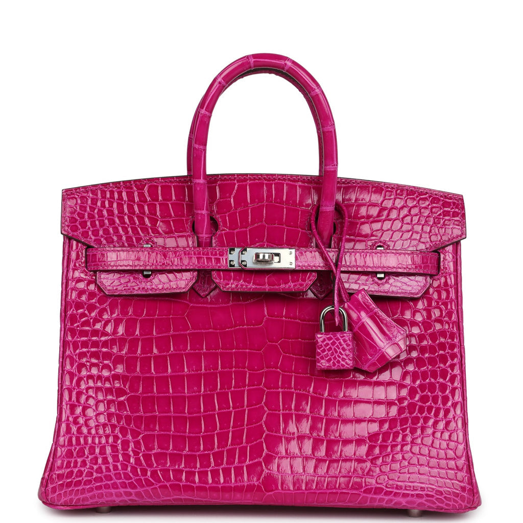 Birkin 25 Pink Croc Effect Leather Handbags Metal Lock Satchel Bags - Bagistaofficial