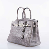 Birkin 25 Grey Croc Effect Leather Handbags Metal Lock Satchel Bags - Bagistaofficial