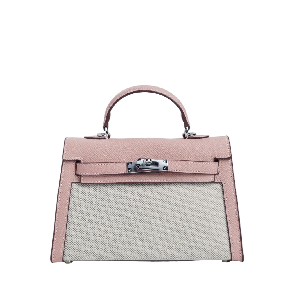 Pink handbag with a silver clasp on a light gray background