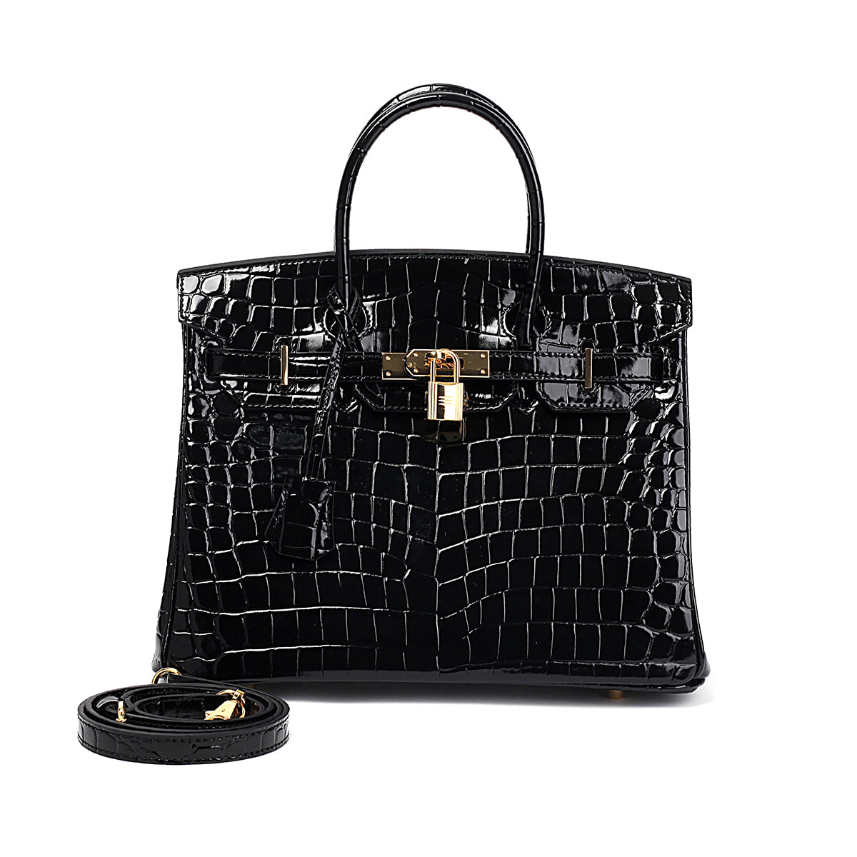 Birkin 25 Black Croc Effect Leather Handbags Metal Lock Satchel Bags - Bagistaofficial