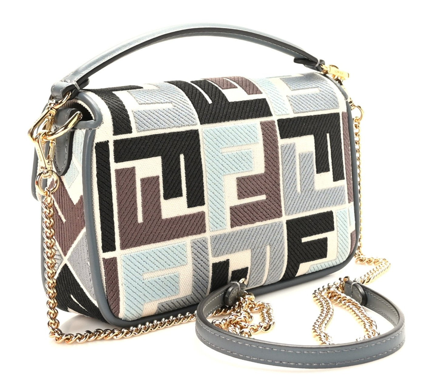 FENDI Canvas Vitello Seta FF Multicolor Embroidered Mini Baguette Multicolor Anice Tortora - Bagistaofficial