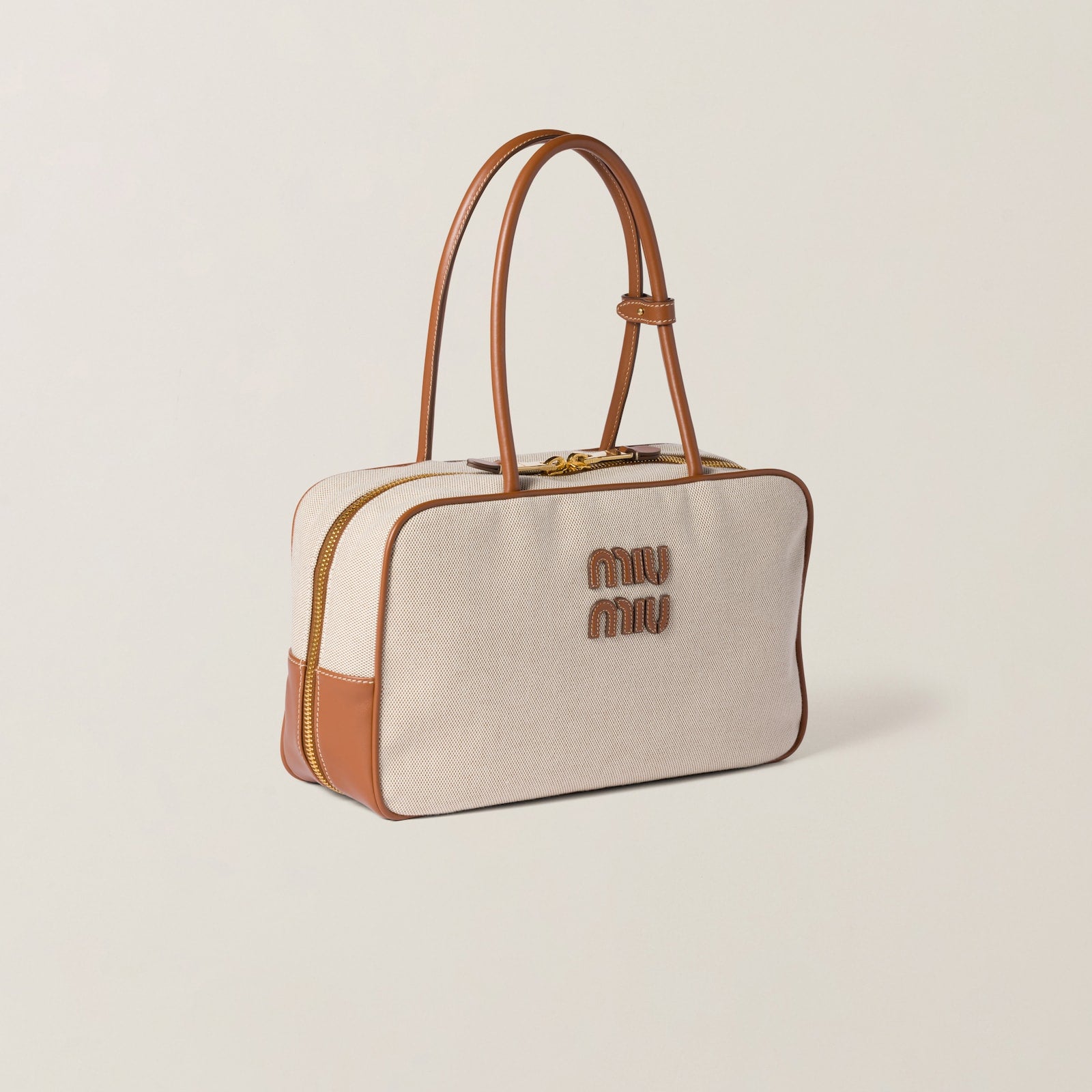 MiuMiu Beau canvas and leather bag Beige/brandy - Bagistaofficial