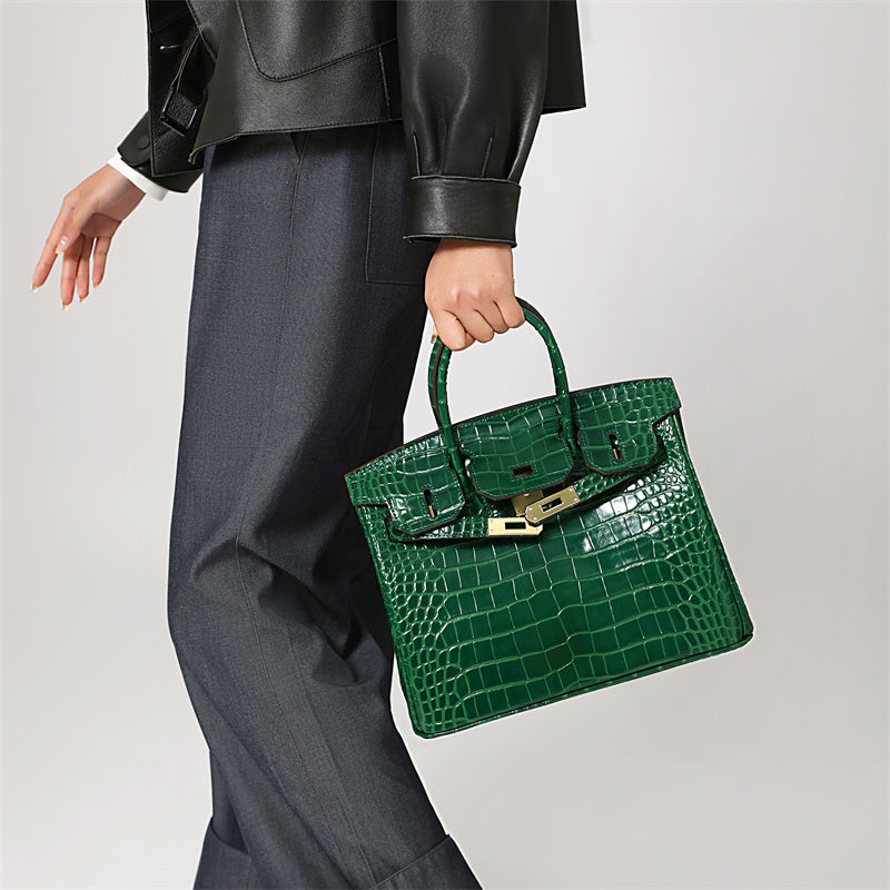 Birkin 25 Dark Green Croc Effect Leather Handbags Metal Lock Satchel Bags - Bagistaofficial