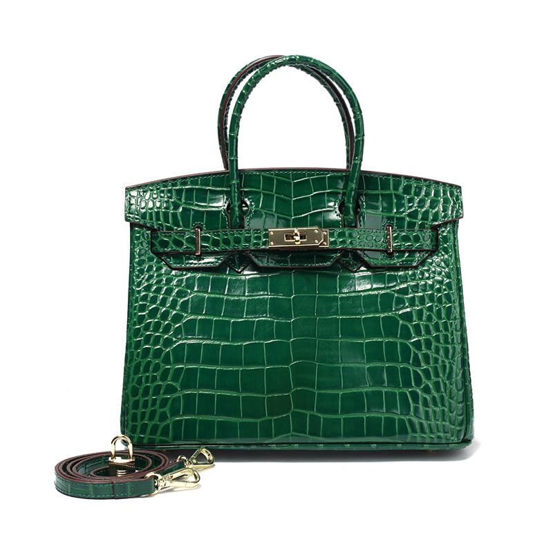 Birkin 25 Dark Green Croc Effect Leather Handbags Metal Lock Satchel Bags - Bagistaofficial