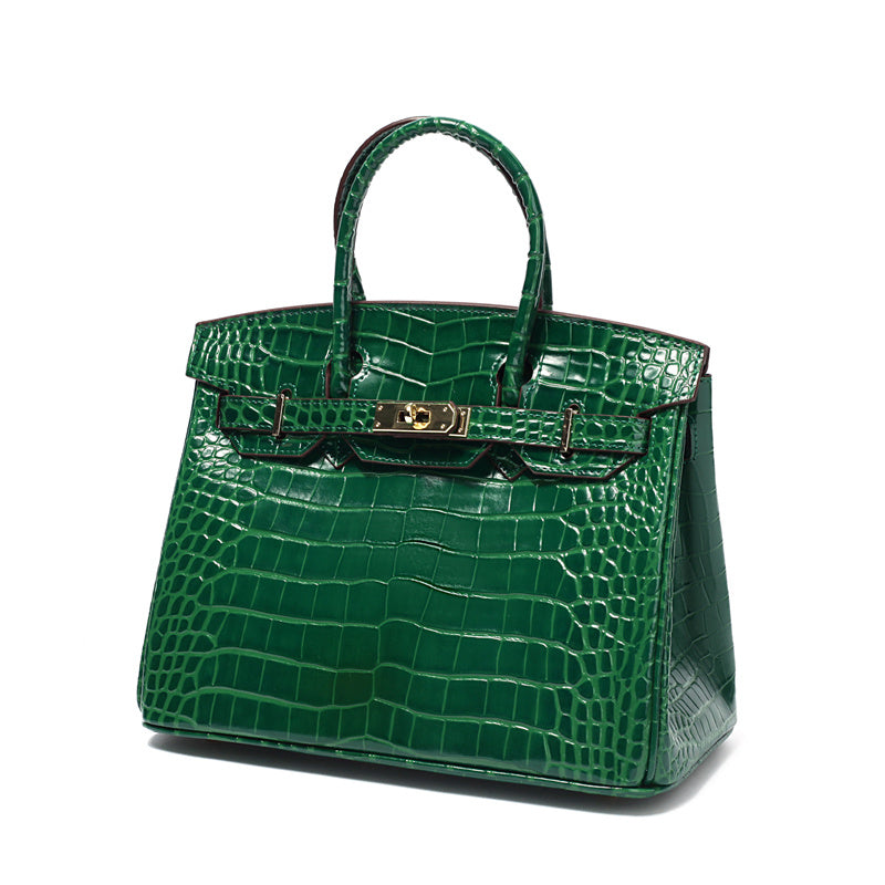 Birkin 25 Dark Green Croc Effect Leather Handbags Metal Lock Satchel Bags - Bagistaofficial