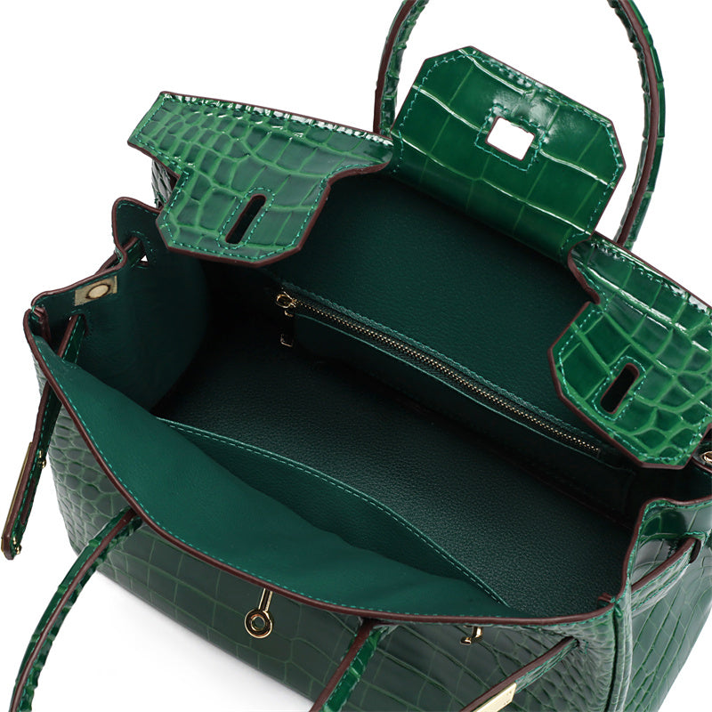 Birkin 25 Dark Green Croc Effect Leather Handbags Metal Lock Satchel Bags - Bagistaofficial